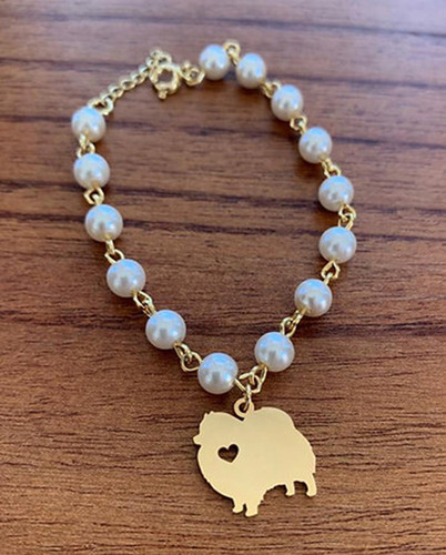 Pulseira Com Pérolas Spitz Alemão - Banho Ouro 18k