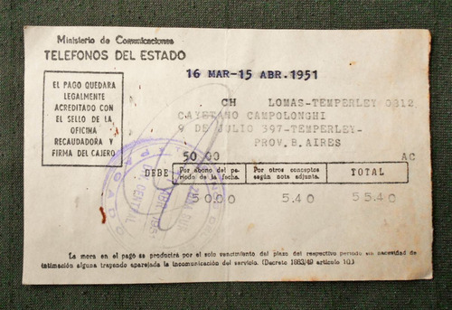 Antigua Boleta De Telefonos Del Estado Del Año 1951