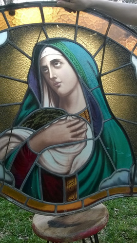 Hermoso Antiguo Vitreaux Vitral Imagen Religiosa Virgen Marí (Usado)