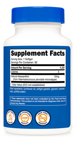 Suplemento Nutricost De Astaxantina, 12 Mg, 30 Cápsulas Blan