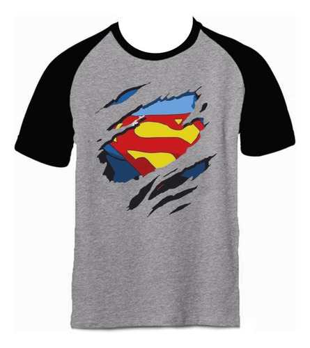 Camiseta Superman Torso Ranglan Gris Hombre Manga Corta