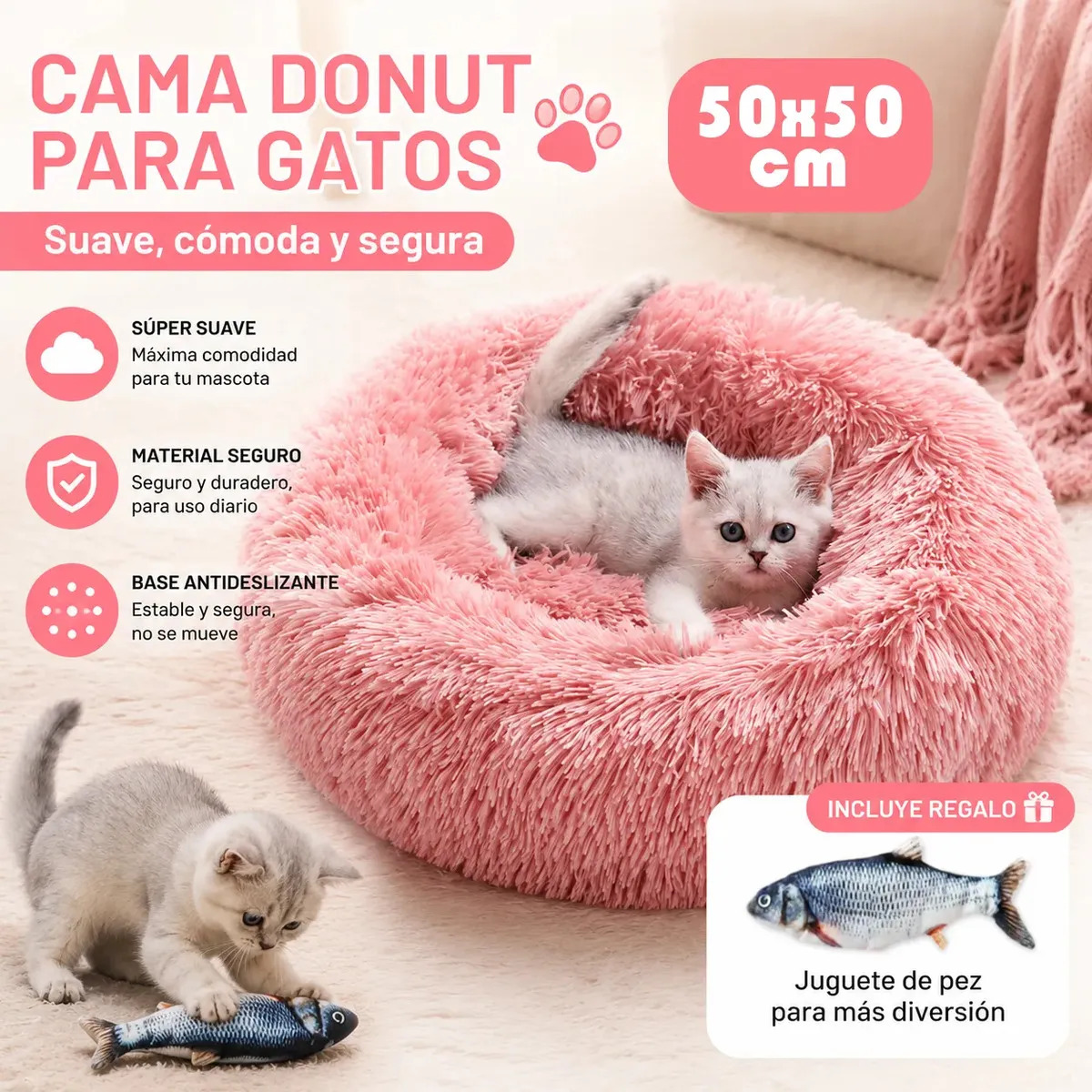 Cama Para Gato Perro Cama De Redonda Antiestres Confortable De Tamaño 50cm Color Rosa Lavable A Máquina,juguete De Pez Con Hierba Gatera, Cama Nido Puff Antiestres Suave Perro Gato