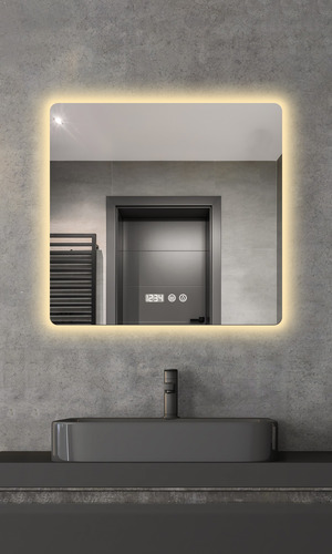 Espejo Led Baño Touch 3 Modo Con Antivaho Hora Temp 60x60cm