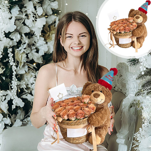 Muñeca Con Forma De Oso, Ramo De Flores Eternas, Cubo Para N