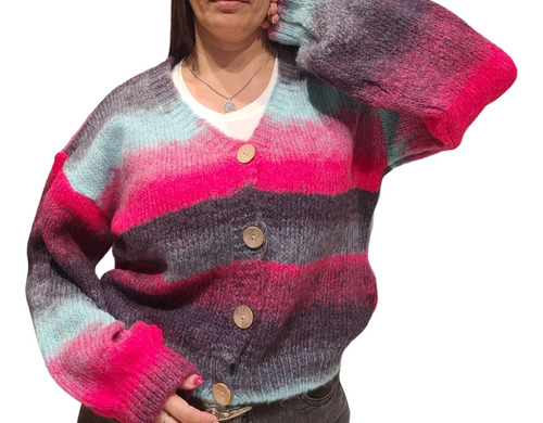 Cardigan Friz Multicolor Manga Globo Saco Abrigo Mujer Moda 