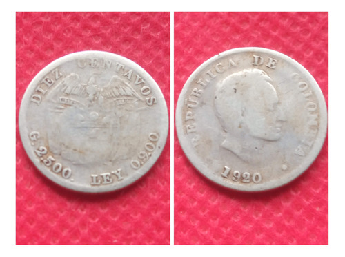 Moneda 10 Centavos Colombia 1920 Plata 0.900