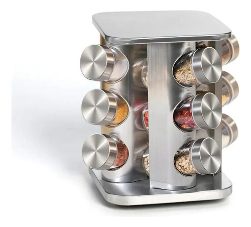 Porta Temperos Giratório Inox 13 Peças Com 12 Potes De Vidro