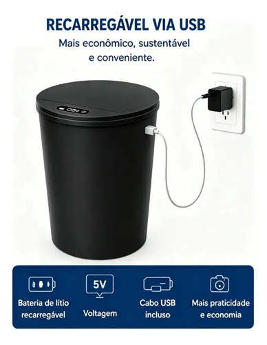 Lixeira Inteligente Automática Com Sensor Para Cozinha E Banheiro, 16 Litros Preto Preto-a1