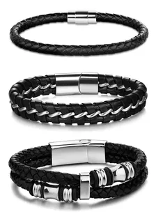 3 Pulseras De Piel Trenzado De Acero Inoxidable Para Hombres