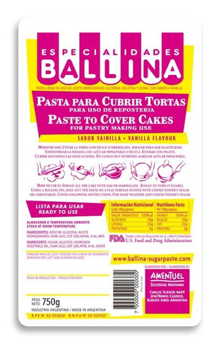 Imagen 1 de 2 de Pasta Ballina Para Cubrir 500 Grs Sabor Vainilla O Chocolate