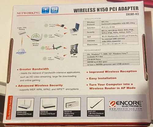 Imagen 2 de 3 de Placa Wifi Pc Escrit. Wireless N150 Pci Adapter - Aj Hogar