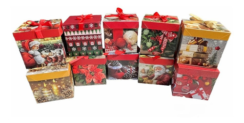 Paquete 10 Cajas De Regalo Navideñas Diseños 15x15 Listón