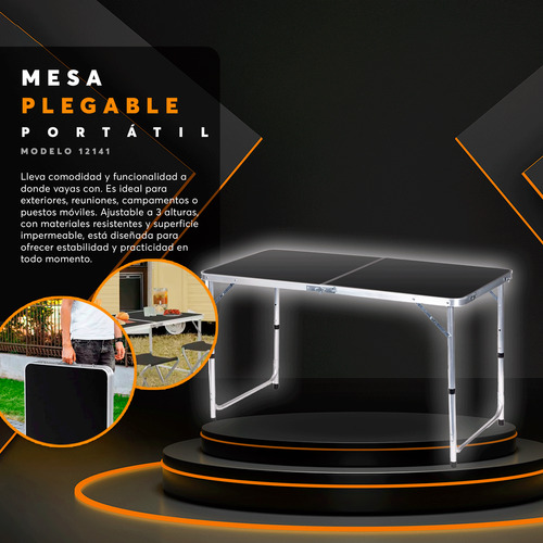 Mesa Plegable Tipo Portafolio 120cm Jardín Portátil Negra Negro