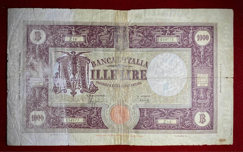 Billete 1000 Liras Italia 1943 Pick 72 A.1 Gran Tamaño (Usado)