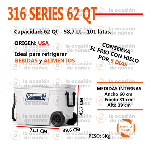 Imagen 3 de 8 de Conservadora Coleman 62 Qt Heladera Termica Ruedas Extreme