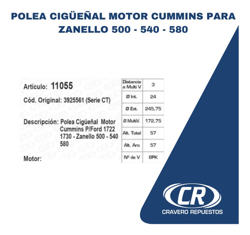 Polea Cigüeñal Motor Cummins Para Zanello 500-540-580