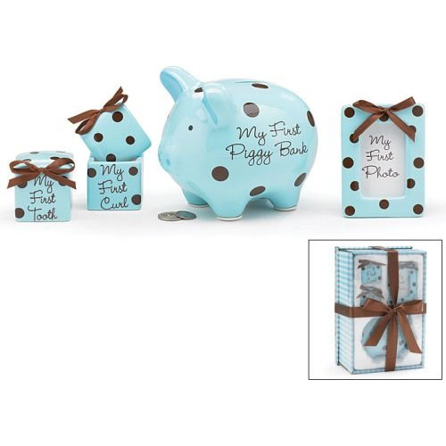 Baby Boy Recuerdo De 4piezas Set De Regalo Con Piggy Banco,