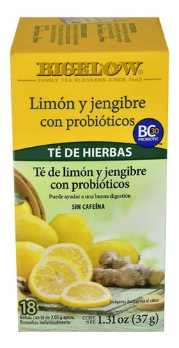 Té Bigelow Limón Y Jengibre Con Probióticos 18 Sobres 37 G