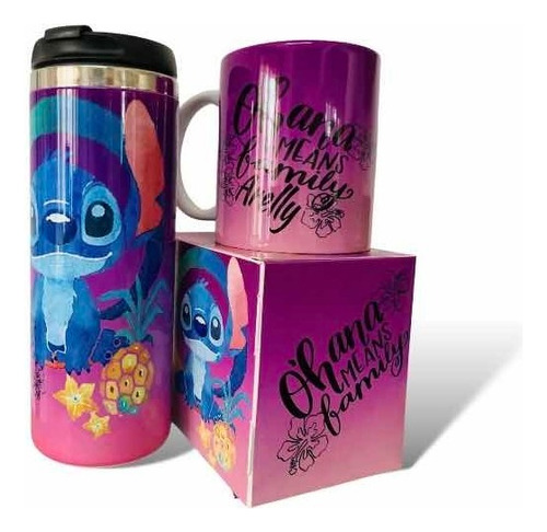 Termo + Taza Stitch Rosa Personalizado Liso