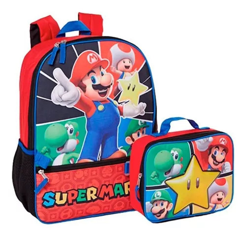 Set Escolar Mochila Con Lonchera Super Mario Bros Nintendo Original Mochila Niño