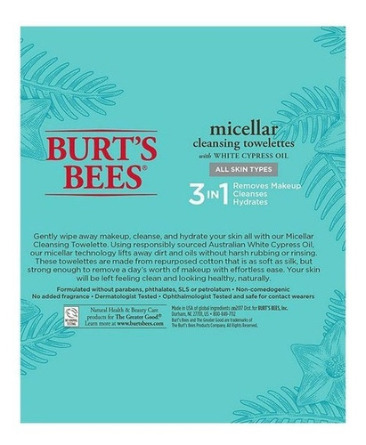 Imagen 2 de 2 de Toallitas Desmaquillantes Burt's Bees Micellar