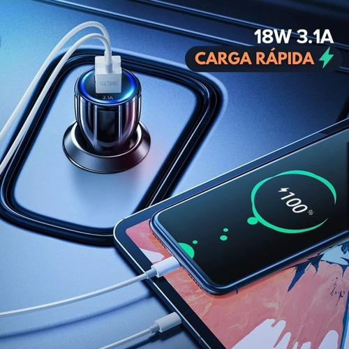 Cargador 12v Para Coche 2 Puertos Usb Qc 3.0 Con Cable Usb C