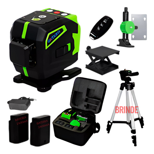 Nível Laser Verde 12 Linhas Recarregável 2 Baterias Tripé
