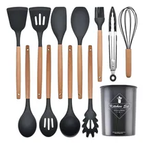 Comprar Set X12 Kit Utensilios De Cocina Mango Madera Punta Silicona