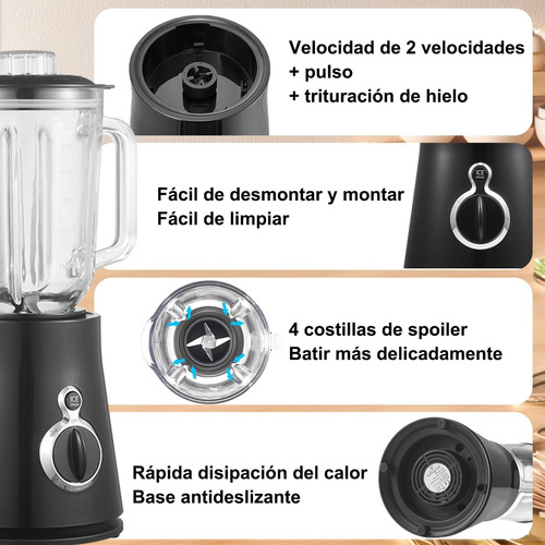 Fandbo Licuadora Profesional 1.5l Vaso Vidrio 2 Vel 6 Cuchil Negro