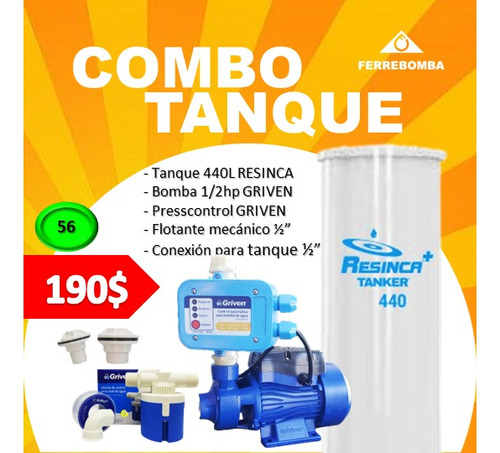 Combo: Tanque 440lts Resinca, Accesorios, Bomba 1/2hp Griven