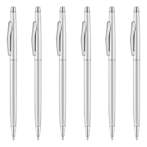 6 Boligrafo Mental Delgado Plateado Punta Media 0.039 in 