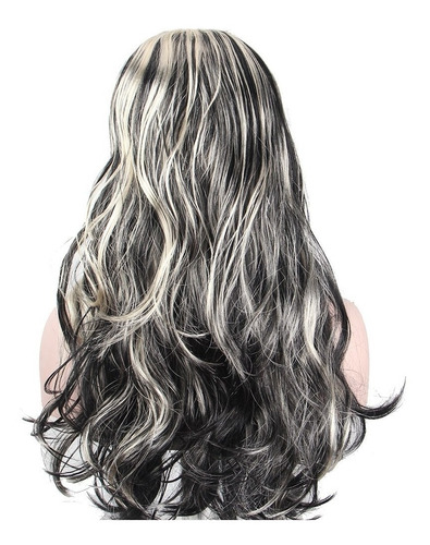 Peruca Longa Feminina Cabelo Preto Com Mechas Branco Loiro