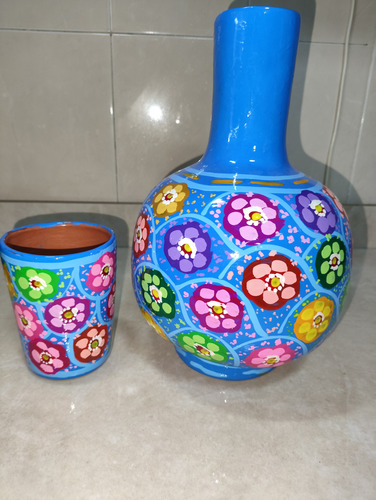 Cantaro Botellón De Barro, 3 Litros Con Vaso, Pintado A Mano