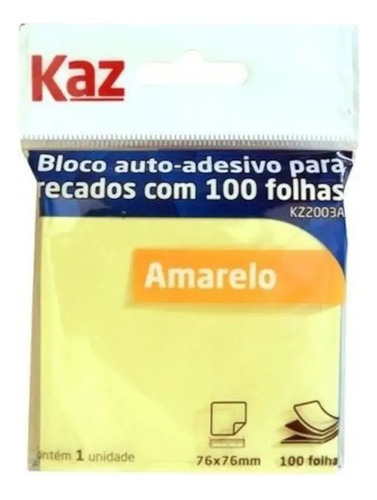 Bloco Adesivo Para Recado 76x76 Amarelo Com 100 Folhas Kaz