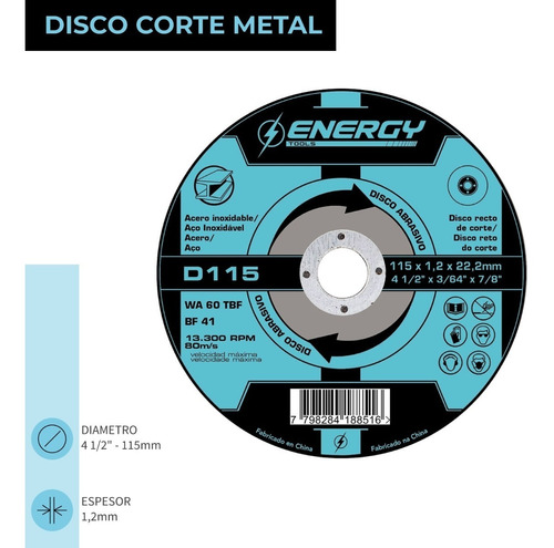 Disco De Corte Para Metal 4 1/2 X 7/8in 10pzs Energy D11512 Color Turquesa