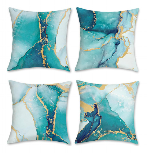 Juego De 4 Fundas Almohada Mármol Turquesa 45x45 Cm, Terciop