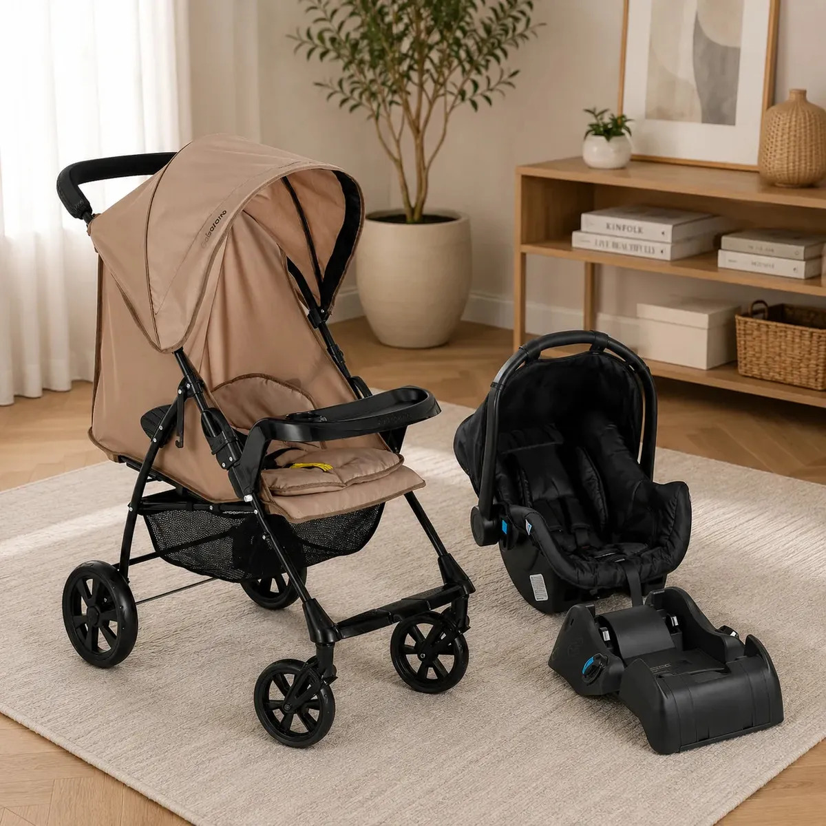 Carrinho de Bebe com Bebe Cocoon Black e Base Galzerano Romano G22 Toffee Carrinho de Bebe Passeio Compacto