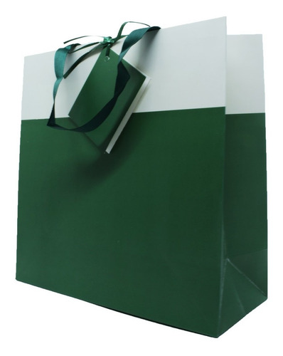 Sacola Para Presente Verde E Branca Com Cartão 24x24 Cm