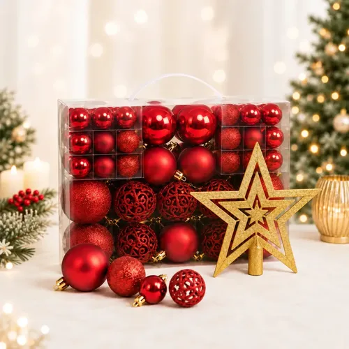 Kit Maleta 50 Bolas de Natal + Estrela Ponteira Premium Vermelha