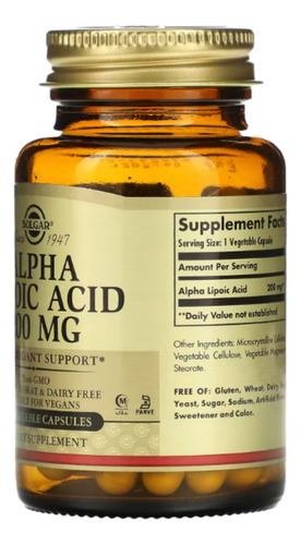 Acido Alfa Lipoico 200mg 50 Capsula Solgar Alpha Lipoic Acid