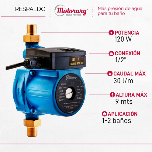 Imagen 2 de 12 de Bomba Presurizadora Motorarg Tip1 9mts 1-2 Baños Accesorios