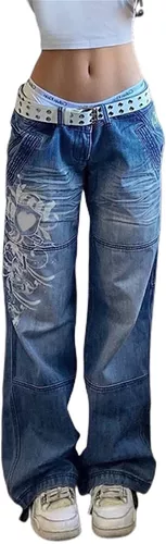 Calça Jeans Feminina Y2k De Cintura Baixa E Pernas Largas