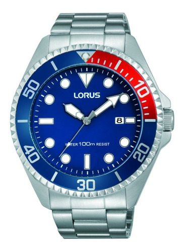 Reloj Lorus Caballero Resistente Al Agua Rh941gx9 Color de la correa Acero Color del bisel Azul con Rojo Color del fondo Azul