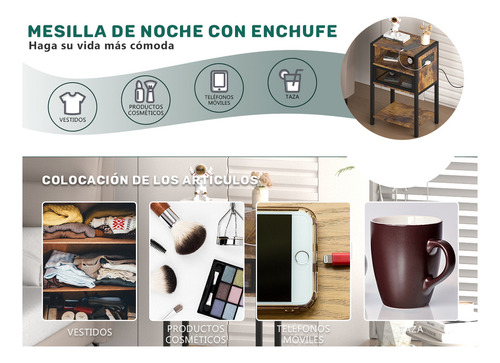 Lazydot Mesilla De Noche Con Tomas, Buros Para Recamara Con Dos Cajones, Mueble De Salón Con Dos Enchufes Y Dos Usb, Mesita De Noche Vintage, Mesa Auxiliar