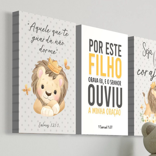 Kit 3 Quadros Seja Forte Leãozinho, Quarto Bebê 120x60cm