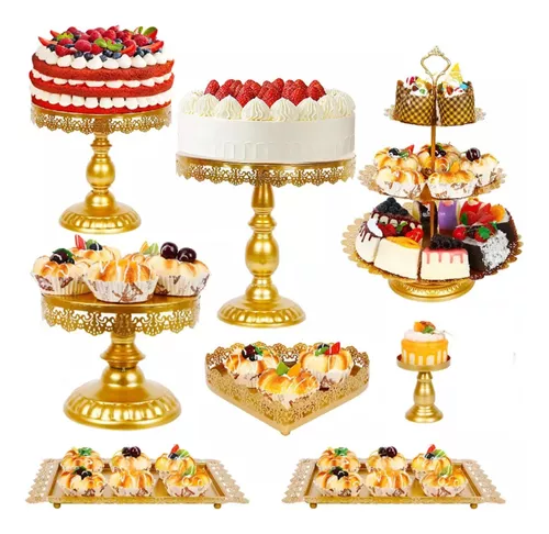 Juego de 9 soportes de metal para tartas de color blanco, soporte para  tartas y bandejas de exhibición, platos para pasteles, patrón de encaje