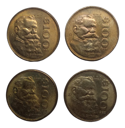 Monedas $100 Carranza Años 1989 A 1992 4 Piezas Nuevas