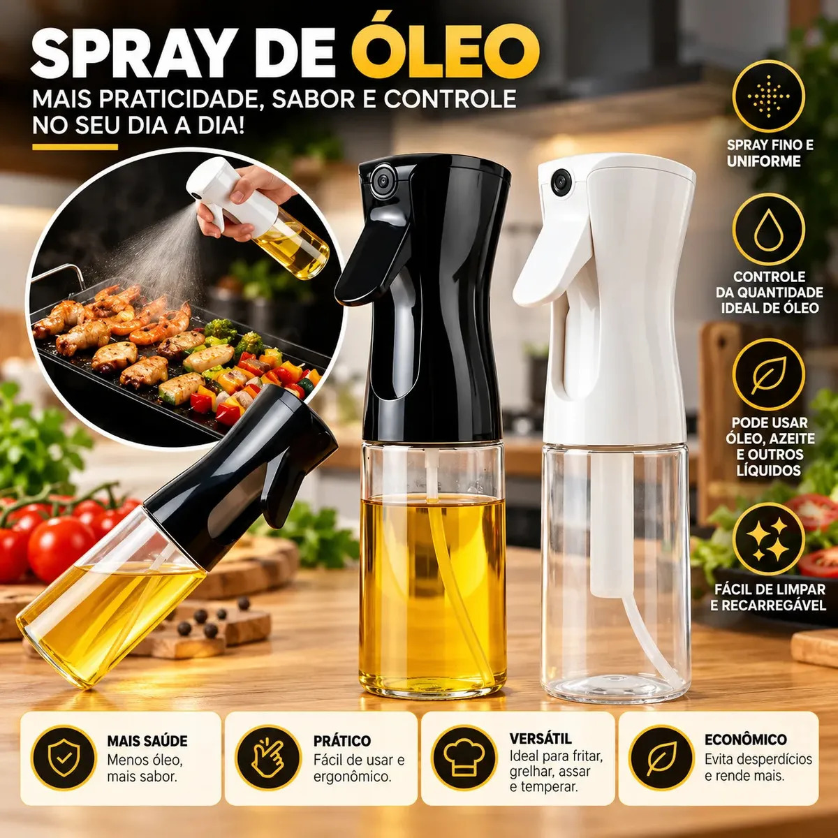 Kit 2 Pulverizador Borrifador Galheteiro Spray 2 Em 1 Profissional Culinário De 200ml De Vidro Porta Azeite Óleo Vinagre Com Bico Dosador Preto e Branco