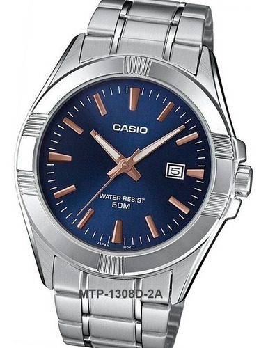 Reloj Casio Mtp -1308d-2avdf Caballero Color de la correa Plateado Color del bisel Plateado Color del fondo Azul