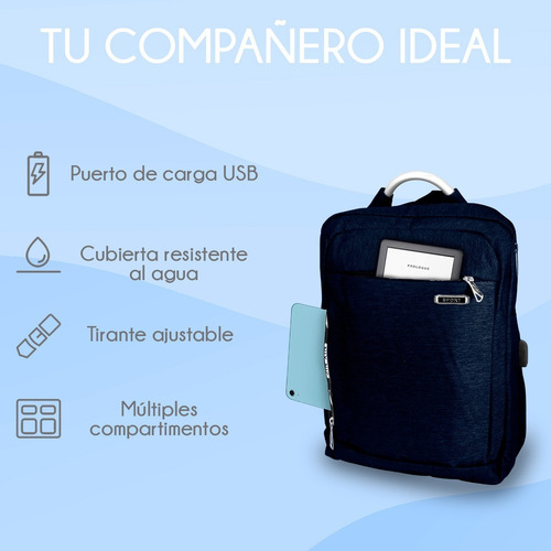 Mochila Impermeable Laptop Puerto Usb Escolar Portátil Viaje Color Azul marino Diseño de la tela Liso